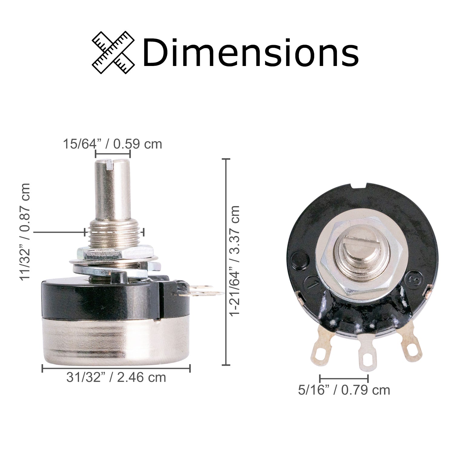 Speed Potentiometer (Speed Pot) without Harness for Drive, Invacare, Merits, & Rascal Mobility Scooters; close-up of a small, round metal component with a black circle and a screw.