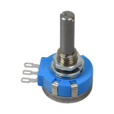 Close-up of the 5K Ohm RVQ24YS08-03 30S B502 Throttle Potentiometer, showcasing its cylindrical shape and metal rod, essential for mobility scooters like those from ActiveCare and Drive Medical.