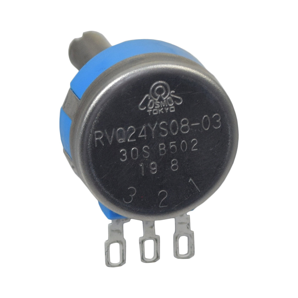 Close-up of the 5K Ohm RVQ24YS08-03 30S B502 throttle potentiometer, showing its round shape and precise details, commonly used in mobility scooters for smooth throttle control.