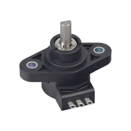 5K Ohm RVQ28YSH 25F S502 Throttle Potentiometer from TOCOS, a black and silver metal device with a circular object and a lever, used in Golden Technologies mobility scooters.