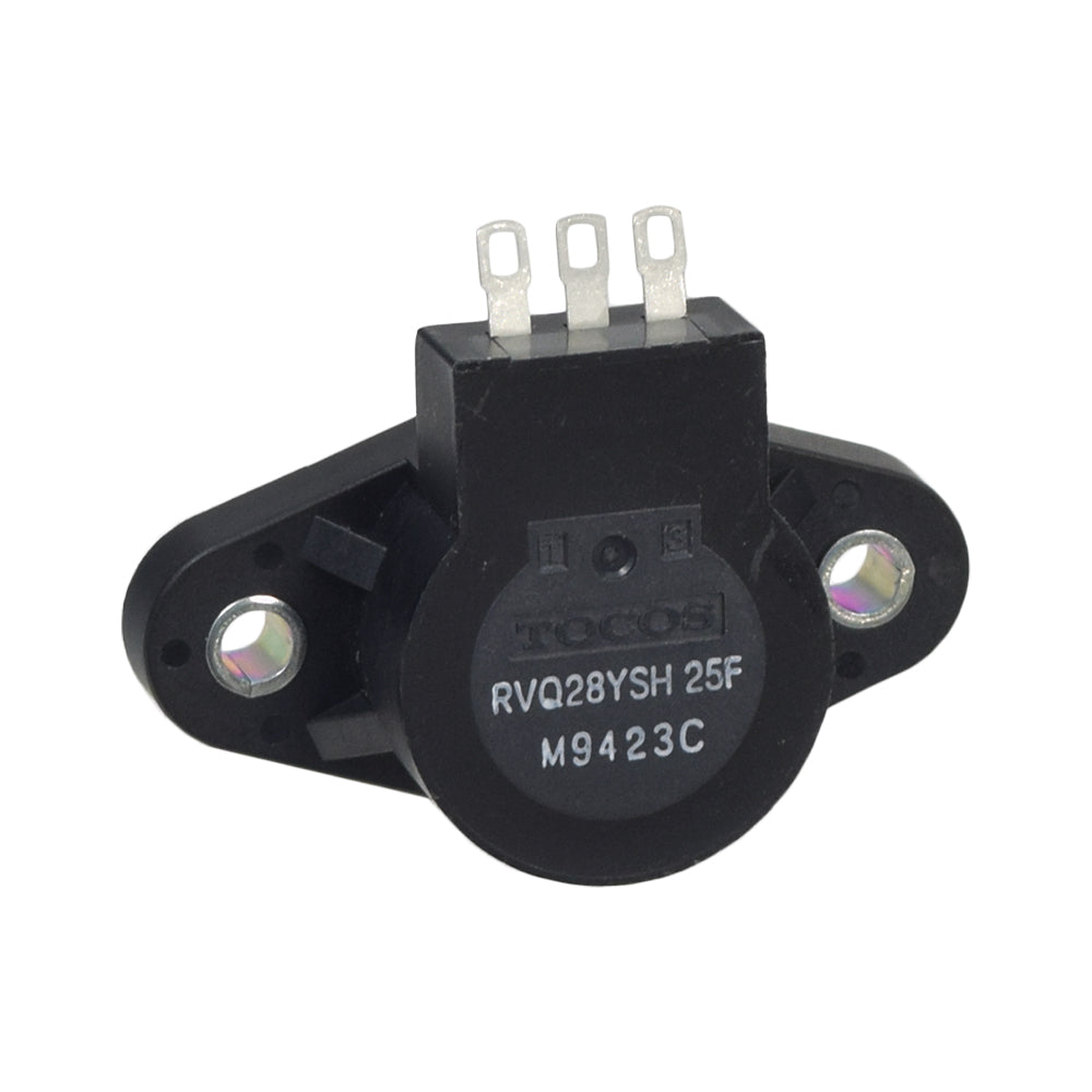 5K Ohm RVQ28YSH 25F S502 Throttle Potentiometer with visible white text on a black surface and close-up details of numbers and plastic pegs, used in Golden Technologies' mobility scooters.