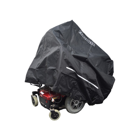 Heavy Duty Weatherproof Cover for Power Chairs: a close-up image of a black cover securely fitted over an electric wheelchair, showcasing its protective and durable material.