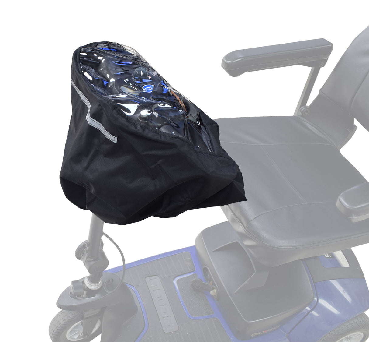 Clear Tiller Cover for Mobility Scooters (Deistco) displayed on a scooter, highlighting its protective nylon and clear design, effectively shielding the tiller from weather and dust.