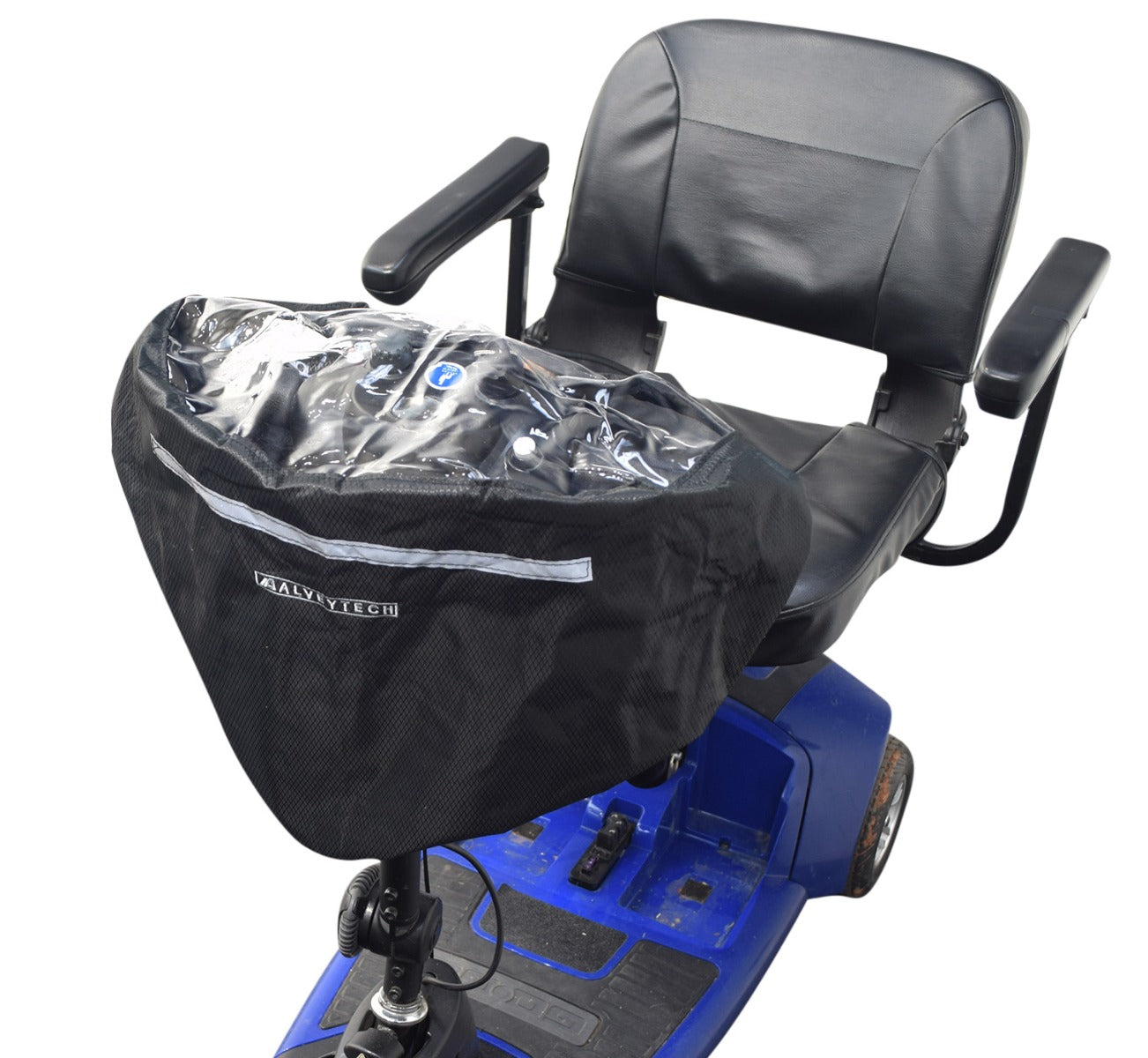 Clear Tiller Cover for Mobility Scooters: A black cover securely fitted on a blue scooter's tiller, protecting the console from dust and weather while allowing visibility of controls through a clear panel.