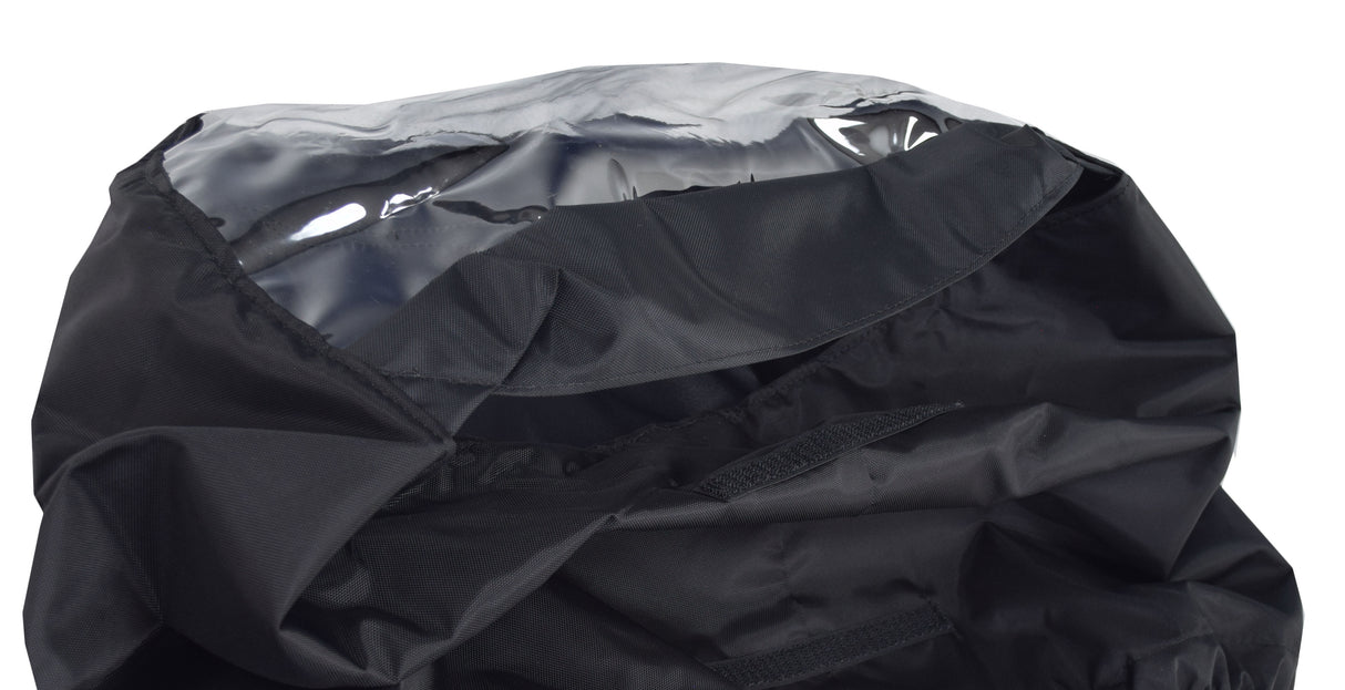 Clear Tiller Cover for Mobility Scooters (Deistco) shown as a black nylon bag with a zipper, designed to protect the scooter's tiller from weather and dust.