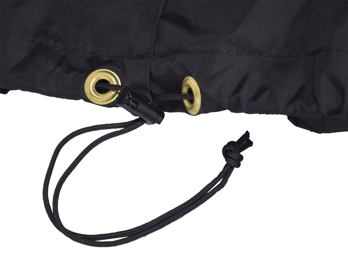 Clear Tiller Cover for Mobility Scooters showing a close-up of the black nylon fabric, clear panel, and protective features, designed to safeguard scooter controls from weather and dust.