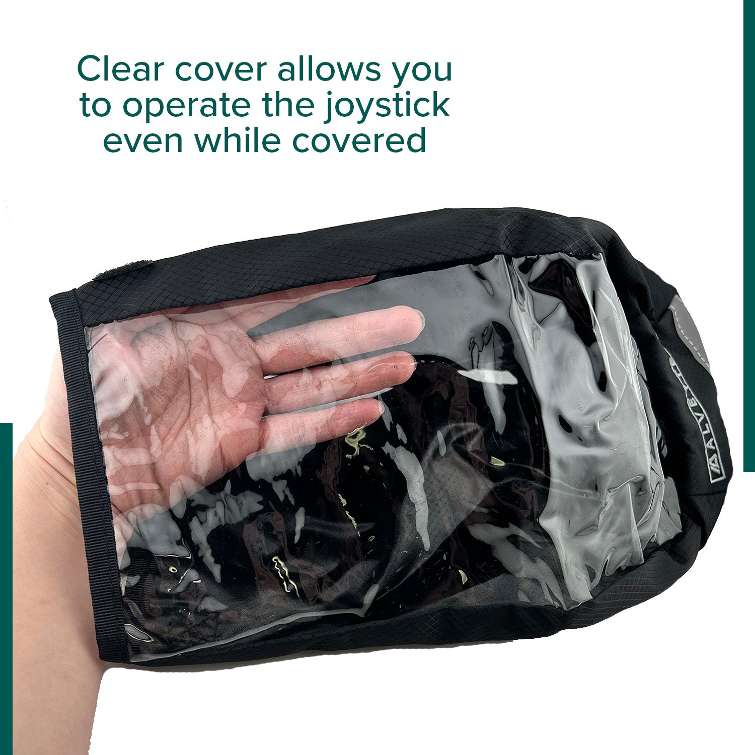 Clear Power Chair Joystick Cover protecting a joystick inside a transparent plastic bag. The cover features a reflective stripe and easy attachment system, ensuring the joystick stays dry and visible.