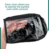 Clear Power Chair Joystick Cover protecting a joystick inside a transparent plastic bag. The cover features a reflective stripe and easy attachment system, ensuring the joystick stays dry and visible.