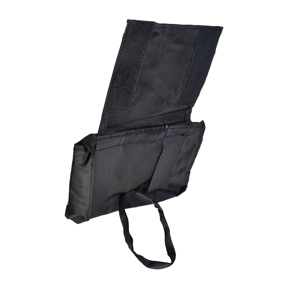 Saddle Bag for Mobility Scooters, Power Chairs, & Wheelchairs featuring a black strap, Velcro and zipper closures, and reflective safety tape for visibility, designed to mount on any armrest.