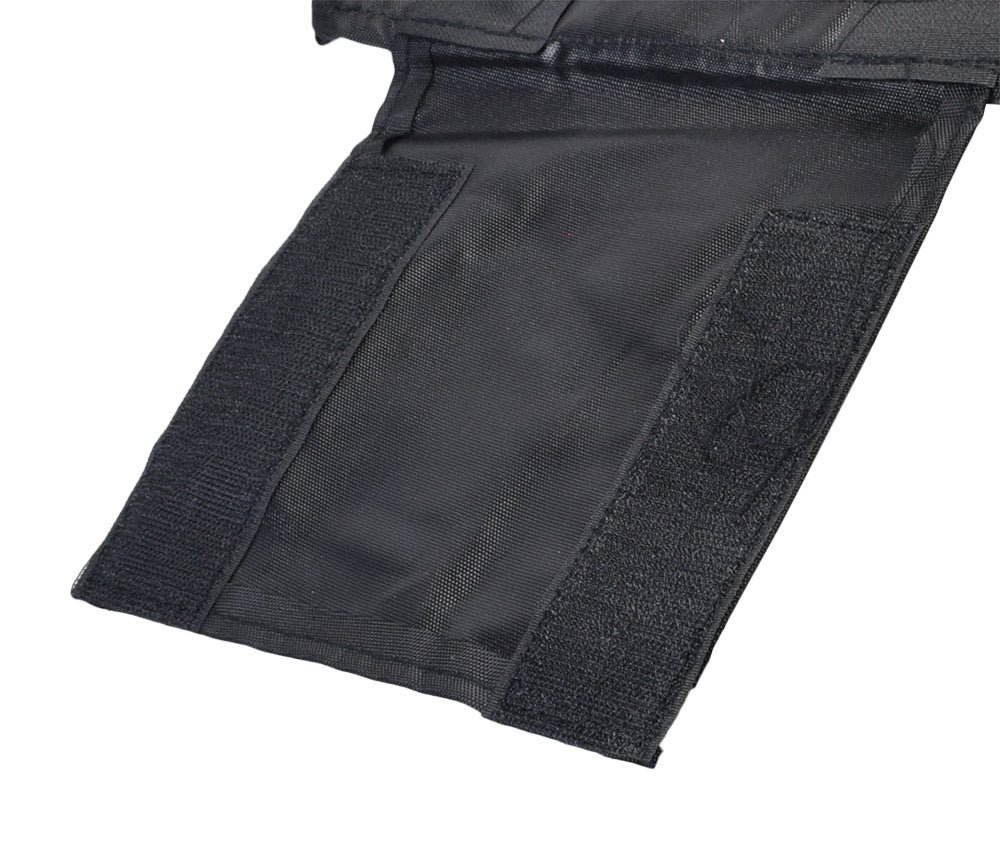 Saddle Bag for Mobility Scooters, Power Chairs, & Wheelchairs: A high-quality black nylon bag with a black strap, featuring Velcro and zippered pouches for secure storage, designed to mount on armrests.