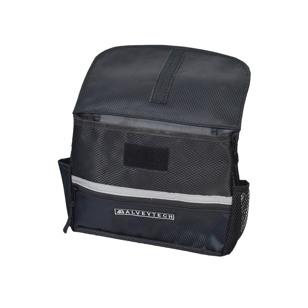 Saddle Bag for Mobility Scooters, Power Chairs, & Wheelchairs, featuring durable nylon fabric, side pockets, a zippered front pocket, and reflective tape for visibility.