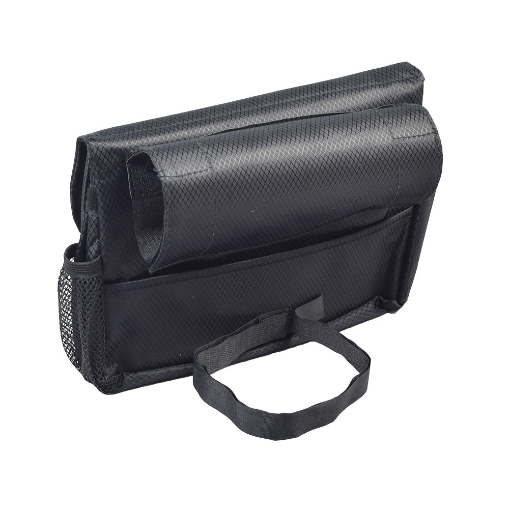 Saddle Bag for Mobility Scooters, Power Chairs, & Wheelchairs: A black nylon bag with a handle, featuring side pockets, a zippered front pocket, and a reflective safety strip for enhanced visibility.