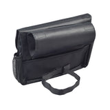 Saddle Bag for Mobility Scooters, Power Chairs, & Wheelchairs: A black nylon bag with a handle, featuring side pockets, a zippered front pocket, and a reflective safety strip for enhanced visibility.