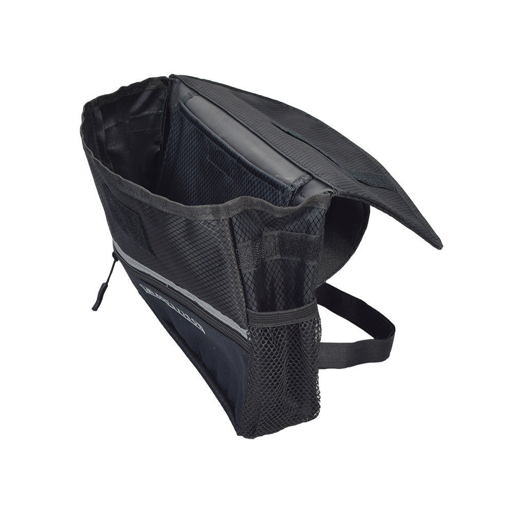 Saddle Bag for Mobility Scooters, Power Chairs, & Wheelchairs featuring durable nylon with side pockets, zippered front, mesh pocket, and reflective tape; designed for secure armrest attachment and extra storage.