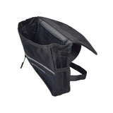 Black nylon saddle bag and seat back bag combination for mobility scooters, power chairs, and wheelchairs, featuring multiple zippered pockets, a Velcro fastener, and a reflective safety tape for added visibility.