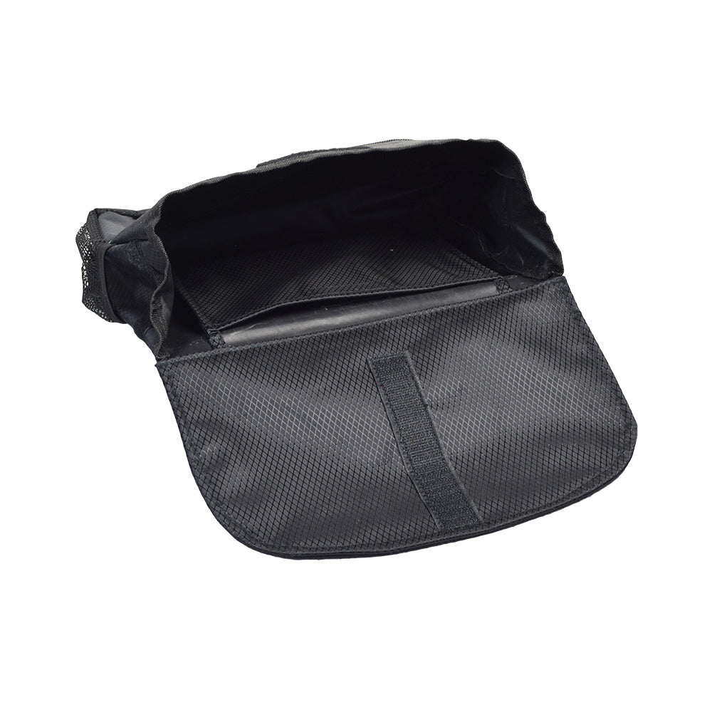 Black AlveyTech saddle bag for mobility scooters, power chairs, and wheelchairs, featuring durable nylon fabric, side pockets, zippered front pocket, Velcro fastener, and reflective safety tape for enhanced visibility.