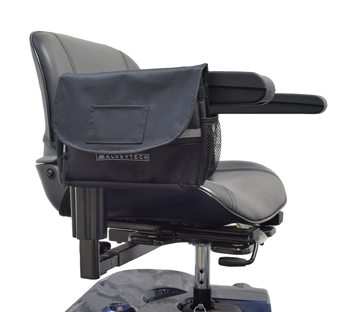 Saddle Bag, Cup Holder, & Grips Combination Set for Mobility Scooters, Power Chairs, & Wheelchairs, featuring a black chair with the saddle bag on the armrest and cup holder attached.