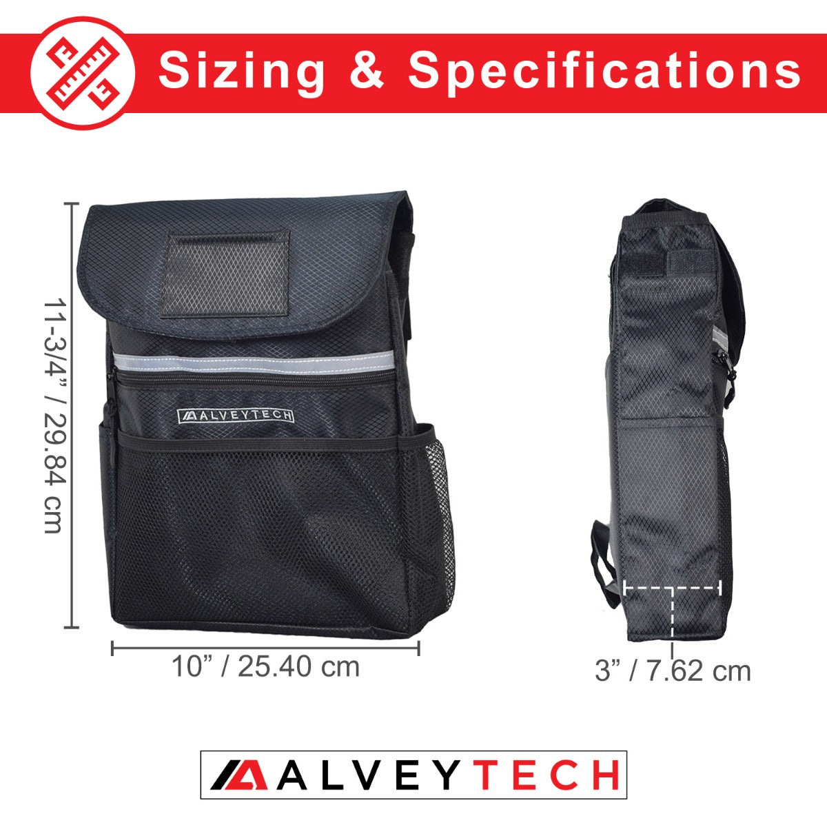 Saddle Bag for Mobility Scooters, Power Chairs, & Wheelchairs with a white stripe, zippered front pocket, side pockets, and reflective safety tape.