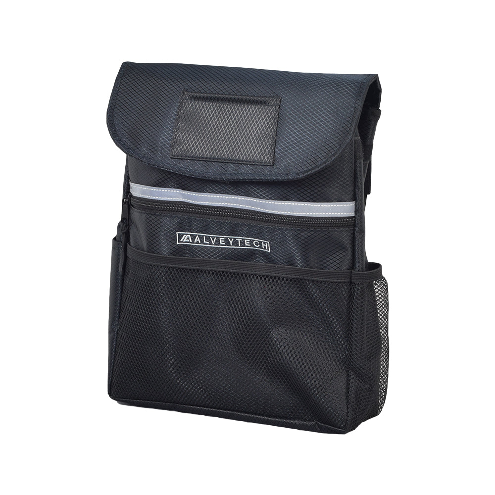 Saddle Bag for Mobility Scooters, Power Chairs, & Wheelchairs featuring a black nylon design with a mesh pocket, Velcro top pouch, and zipper closures, mountable on armrests with reflective safety tape.