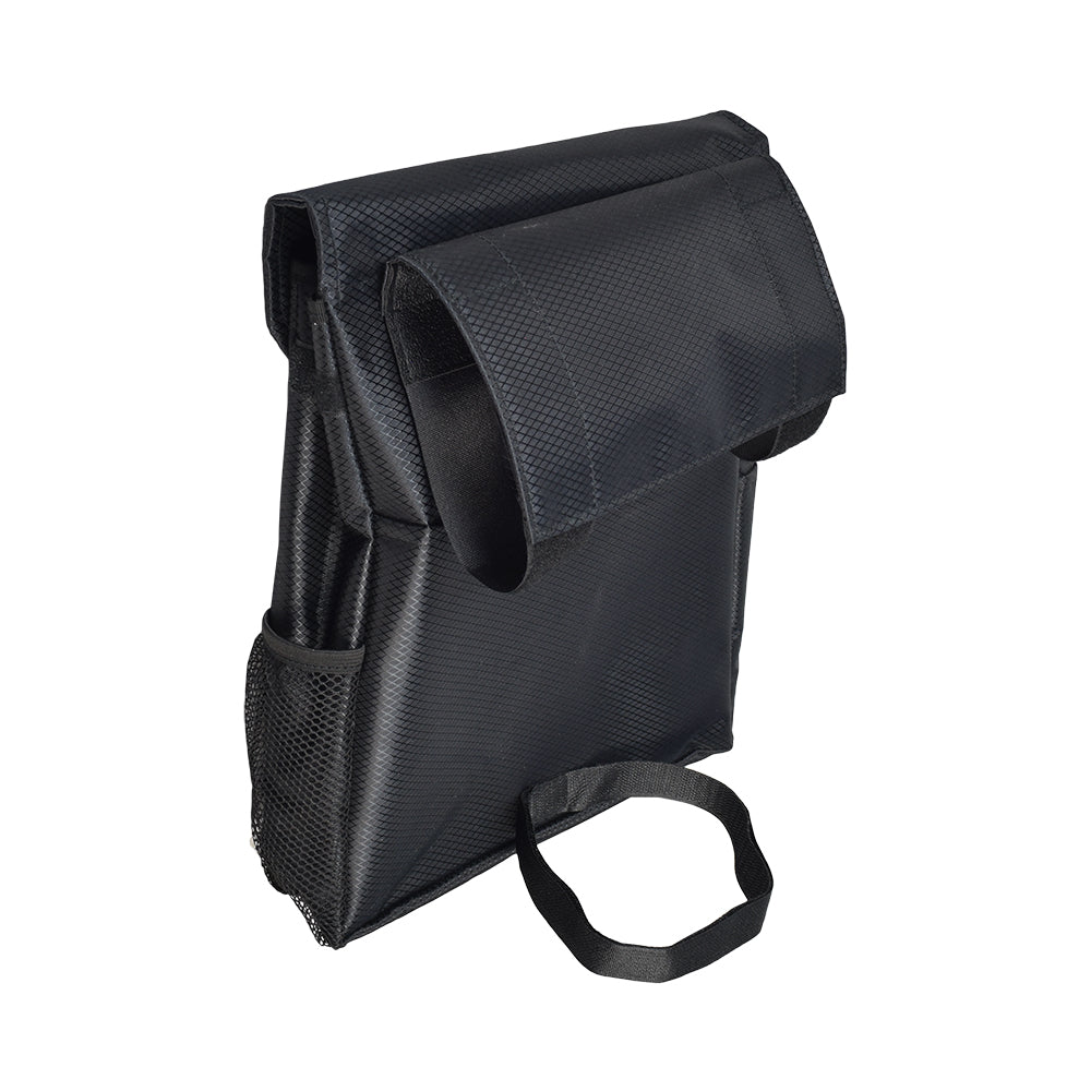 Saddle Bag for Mobility Scooters, Power Chairs, & Wheelchairs featuring a black nylon body, single pocket with Velcro closure, and additional zippered pouches, with a strap and reflective safety tape for visibility.