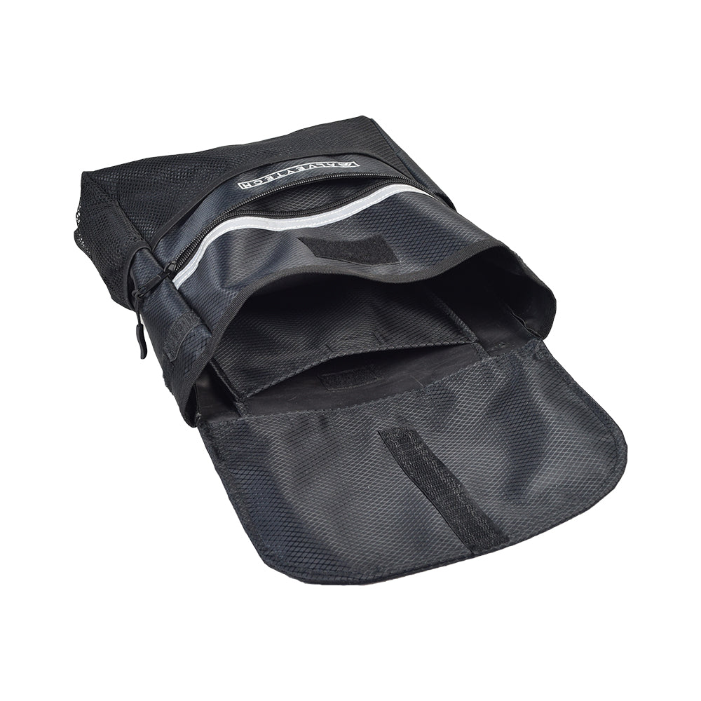 Saddle Bag for Mobility Scooters, Power Chairs, & Wheelchairs featuring a black, single-pocket design with a zipper closure, Velcro fastener, and reflective safety tape for enhanced visibility.