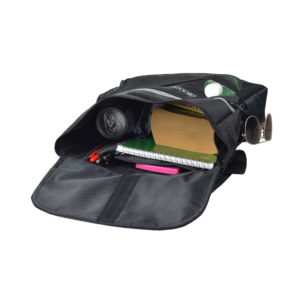 Saddle Bag for Mobility Scooters, Power Chairs, & Wheelchairs with book, drink, sunglasses, and notebook inside, featuring Velcro and zipper closures, and reflective safety tape for visibility.