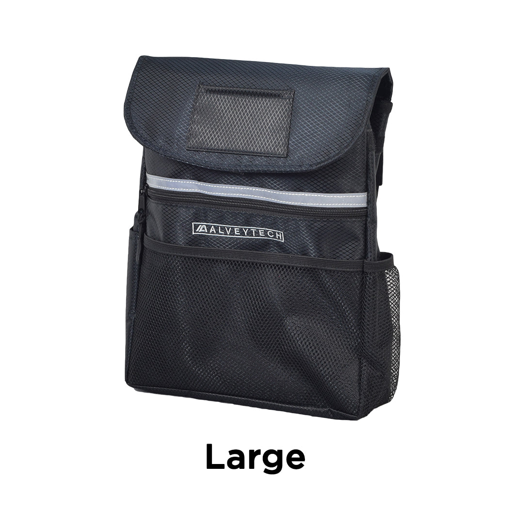 Saddle Bag for Mobility Scooters, Power Chairs, & Wheelchairs featuring a black nylon design with multiple pockets, including a mesh pocket and visible reflective safety tape for enhanced visibility.