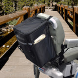 Extra Large Insulated Seat Back Bag (Backpack) for Mobility Scooters & Power Chairs shown attached to a wheelchair, featuring multiple compartments and durable ripstop nylon construction for ample storage.