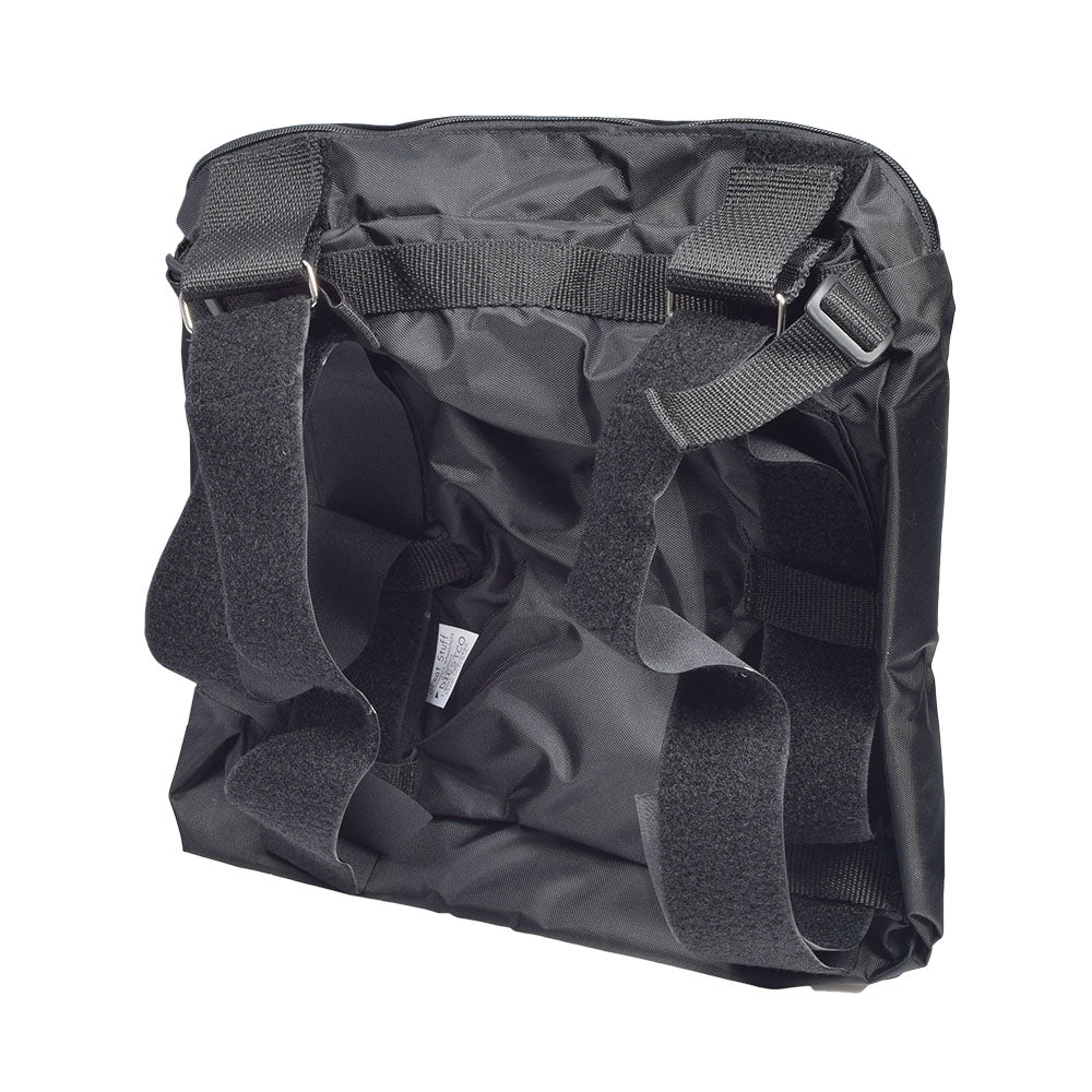 Seat Back Case with External Pockets for Mobility Scooters, Power Chairs, & Wheelchairs featuring a large pouch, multiple smaller pockets, black straps with metal buckles, and a visible label.