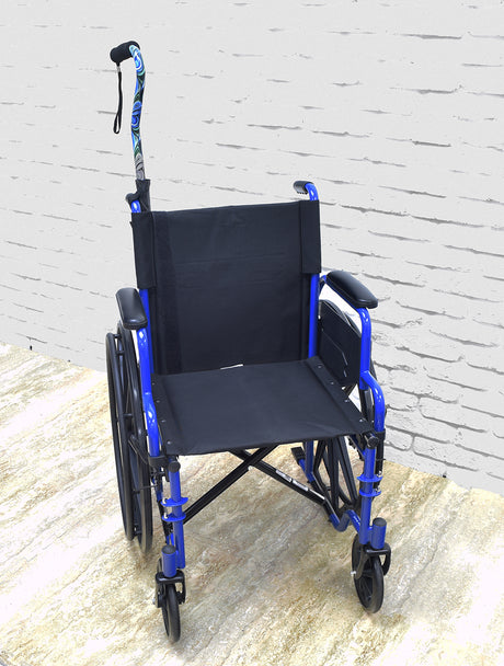 Universal Cane Holder for Wheelchairs attached to the backrest of a blue wheelchair, made from durable, water-resistant nylon, securely holding a cane.