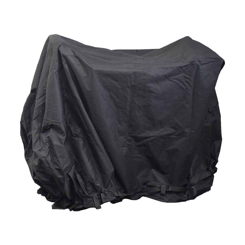 Heavy Duty Weatherproof Cover for Mobility Scooters, shown in black fabric, designed to protect against dust, rain, and snow. Suitable for various scooter sizes, it includes a carrying bag for convenience.