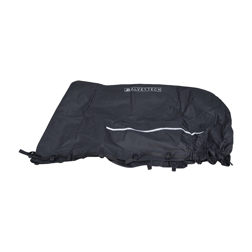 Heavy Duty Weatherproof Cover for Baja, Coleman, and Massimo MB200 Mini Bikes, featuring robust 600D polyester with PVC backing, black with a white stripe, includes black strap and webbing belt loops for secure fastening.