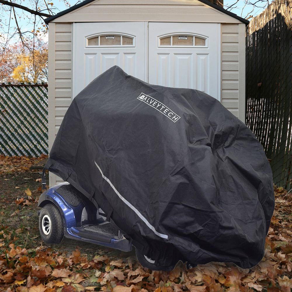 Heavy Duty Weatherproof Cover for Mobility Scooters: a black cover securely fits a small electric scooter, protecting it from the elements.