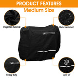 Heavy Duty Weatherproof Cover for Go-Go Mobility Scooters, featuring black 600D polyester fabric with water-resistant properties and a white logo, shown close-up with water droplets and fabric texture.