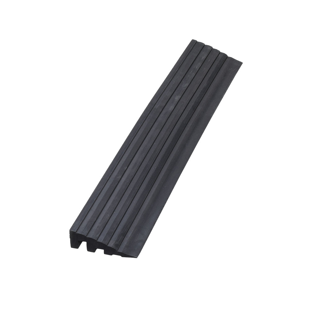 Rubber Threshold Ramp for Mobility Scooters, Power Chairs, and Wheelchairs. The black rectangular rubber ramp features a smooth, stepped surface, designed to fit various doorways, enhancing accessibility for indoor and outdoor use.