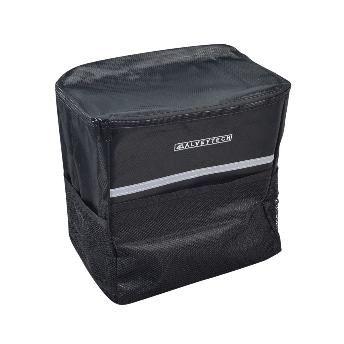 Soft Basket Tiller Bag for Mobility Scooters, featuring a black design with a white reflective stripe, zippered lid, and mesh pockets, ideal for ample storage and durability.