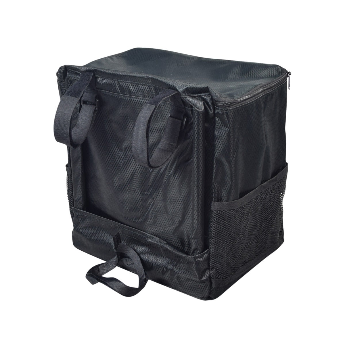 Soft Basket Tiller Bag for Mobility Scooters, featuring black nylon fabric, multiple straps, a zippered lid, and mesh pockets, designed for spacious, secure storage.