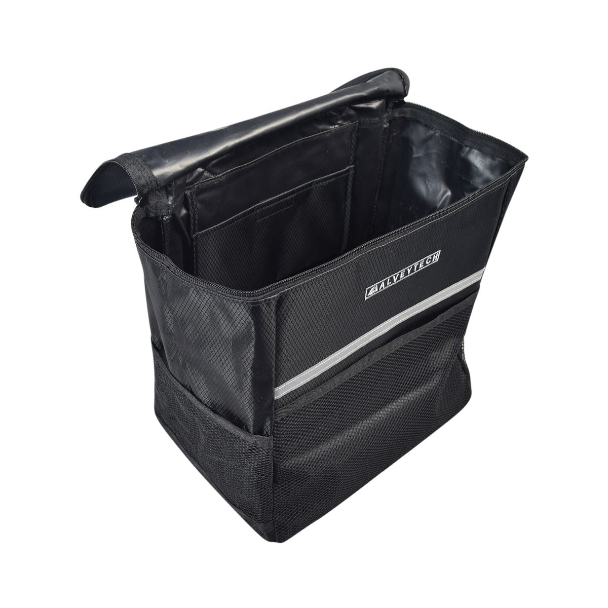 Soft Basket Tiller Bag for Mobility Scooters, featuring a black design with a white reflective stripe, zippered lid, and exterior mesh pockets for extra storage. High-quality, weather-resistant material ensures durability.