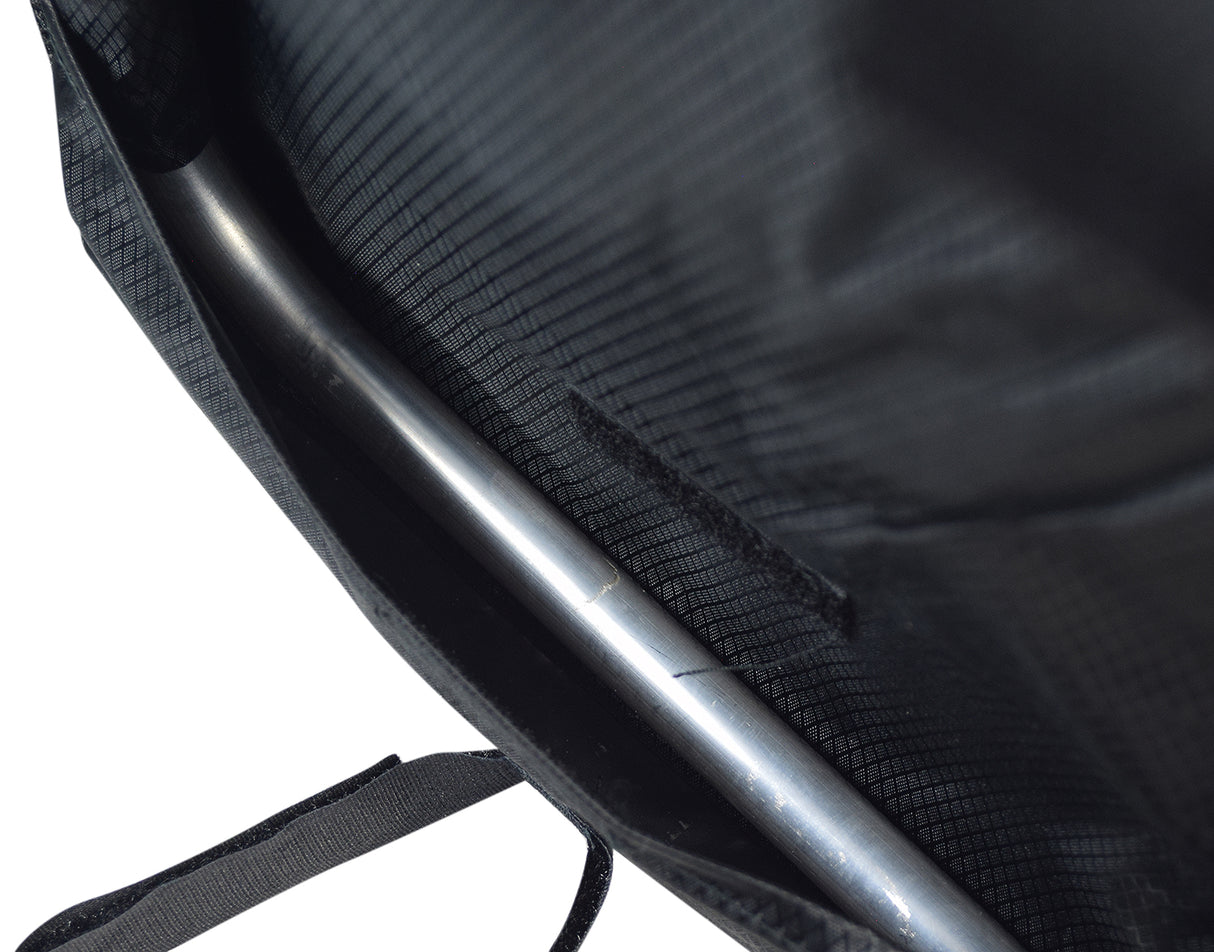 Soft Basket Tiller Bag for Mobility Scooters: A black, weather-resistant nylon bag with a zippered lid, mesh pockets, and a reflective safety strip, offering ample storage for mobility scooter users.