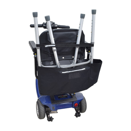 Universal Walker Holder for Mobility Scooters, shown attached to a wheelchair with a bag on the back, designed to carry a walker securely using fastening straps and a bottom pocket.