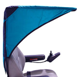 Weatherbreaker Canopy for Scooters & Power Chairs, featuring a blue cover, displayed on a blue and grey chair, highlighting protection from sun and rain for enhanced mobility.