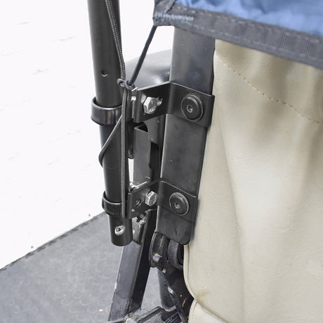 Weatherbreaker Canopy for Scooters & Power Chairs showing a close-up of the metal bracket and bolts used for mounting the canopy, highlighting its sturdy construction and compatibility with various models.