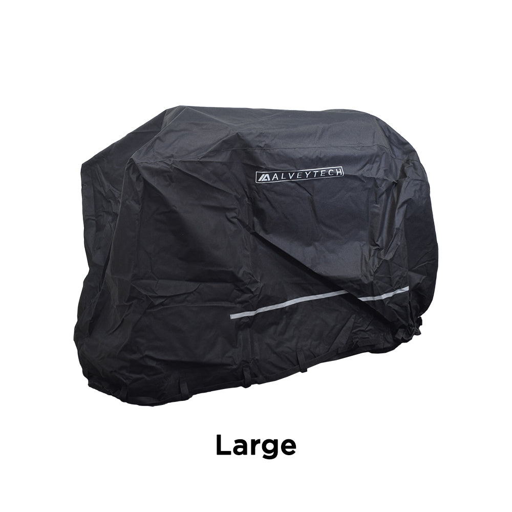 Heavy Duty Weatherproof Cover for Mobility Scooters displayed on a white background, showcasing its durable black fabric and sturdy design for optimal protection against dust, rain, and snow.