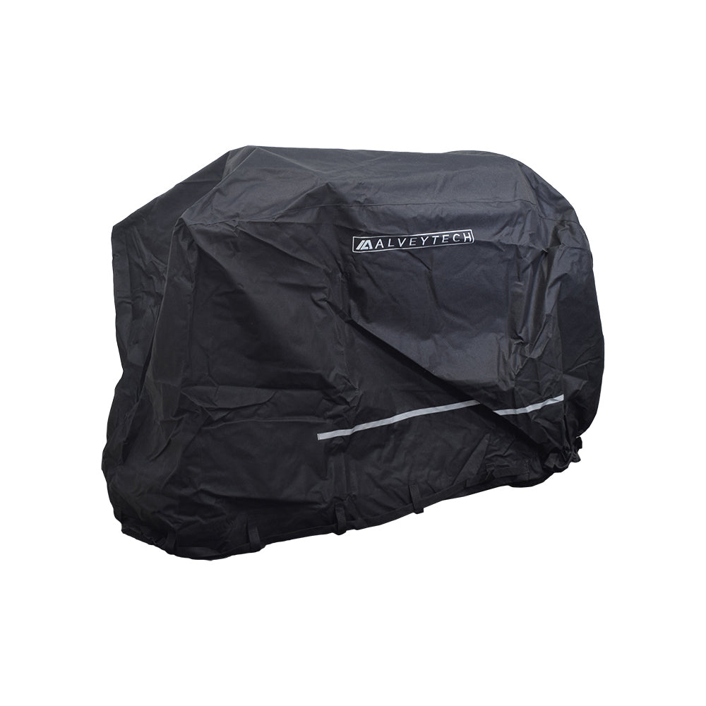 Large Weatherproof Cover for Mobility Scooters; a durable black cover designed to protect mobility scooters, made from heavyweight 600x300 polyester with a PVC rubber backing, featuring webbing loops and a reflective strip for visibility.