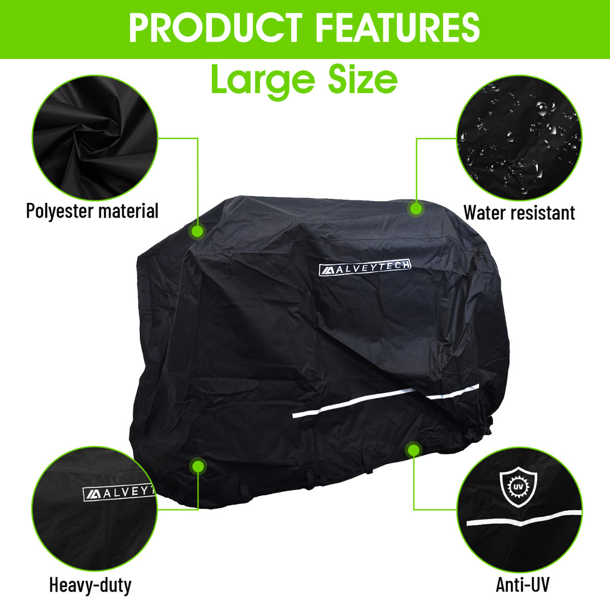 Large Weatherproof Cover for Mobility Scooters made of heavy-duty polyester with PVC rubber backing, featuring water droplets indicating weatherproof properties, a black fabric close-up, and a reflective strip for visibility.