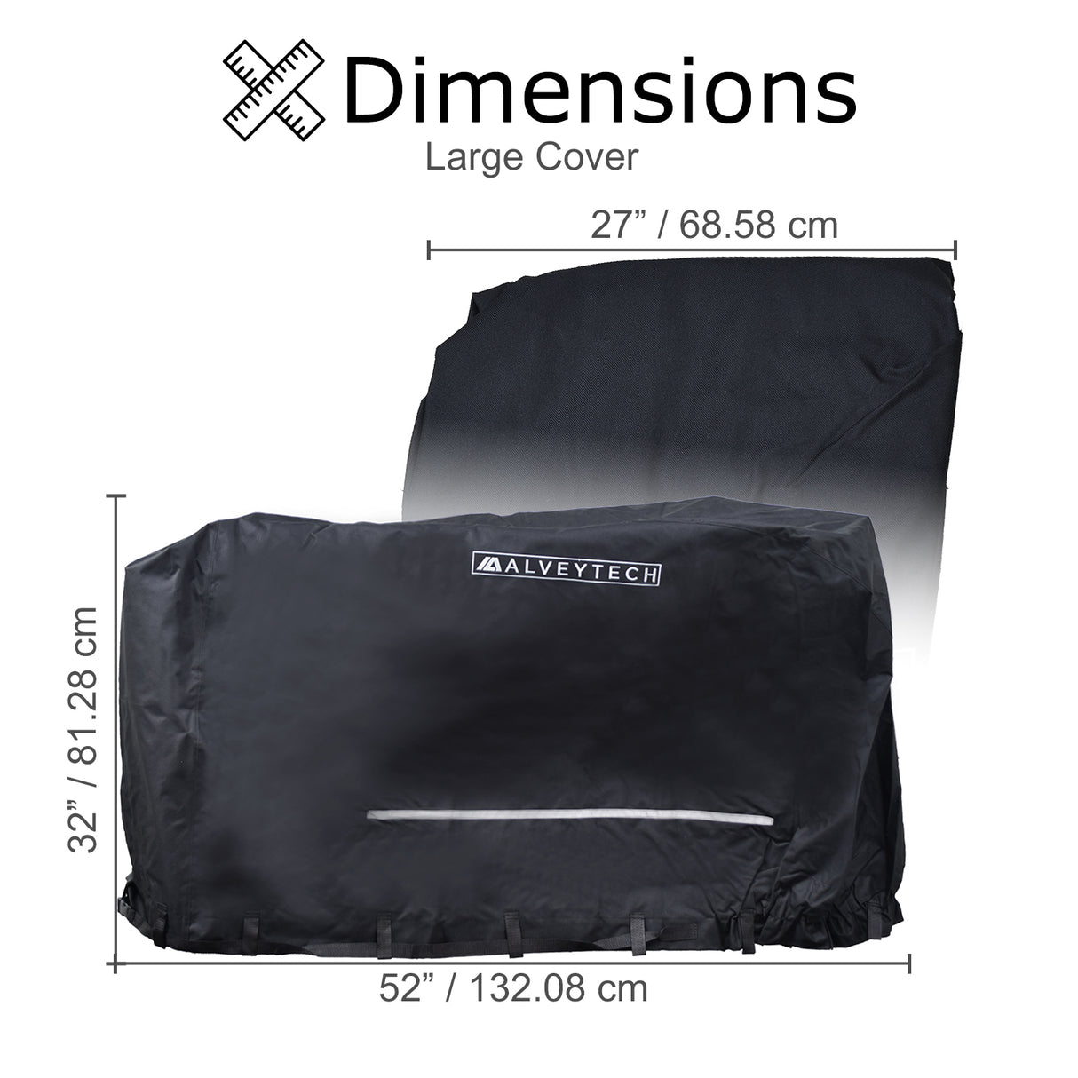 Large Weatherproof Cover for Mobility Scooters shown with dimensions, reflective strip, and reinforced grommets for secure tie-down. The cover is packaged in a black bag with white text.