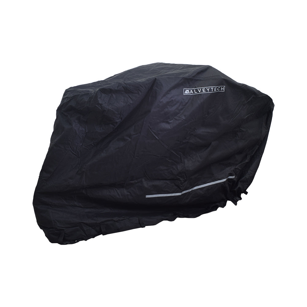 X-Large Heavy Duty Weatherproof Cover for Mobility Scooters shown covering a large scooter, emphasizing robust 600D polyester material with PVC backing and a reflective strip for visibility.