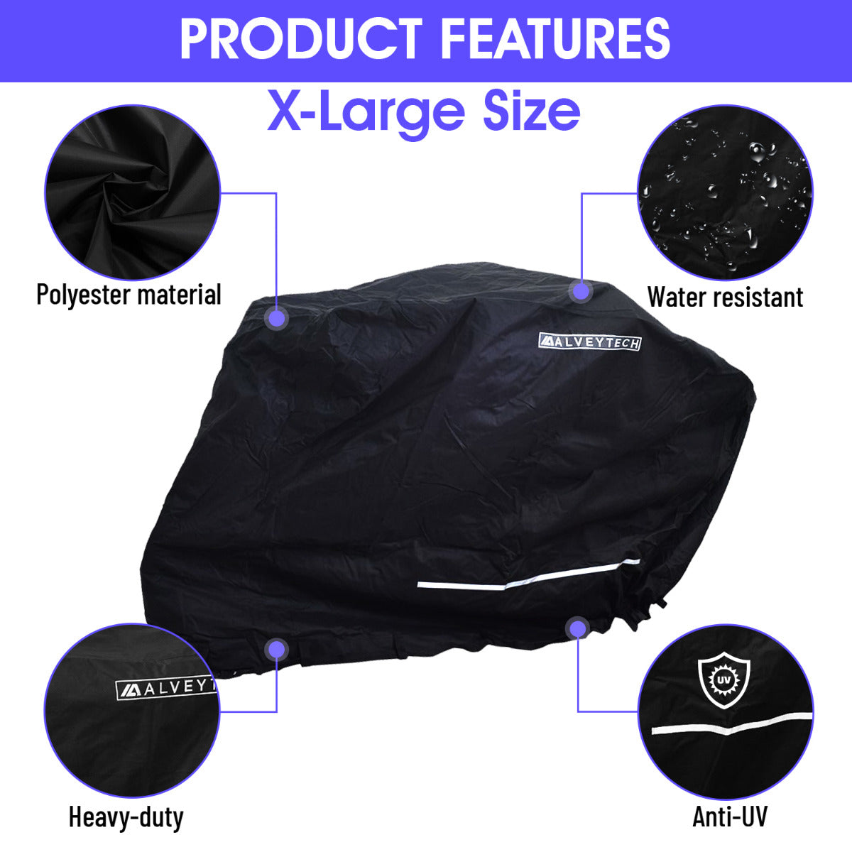 X-Large Heavy Duty Weatherproof Cover for Mobility Scooters made of black 600D polyester with PVC rubber backing, featuring white text and icons, and a reflective strip for visibility.