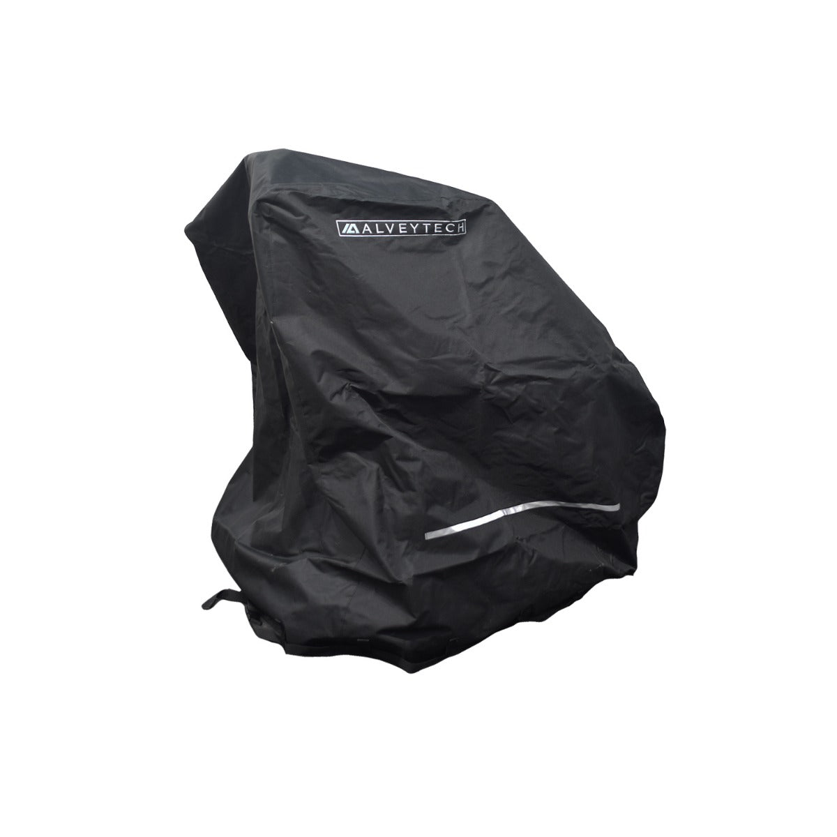 Heavy Duty Weatherproof Cover for Power Chairs featuring durable black fabric with a white reflective stripe, designed to protect electric power chairs from weather and dust during storage or transport.