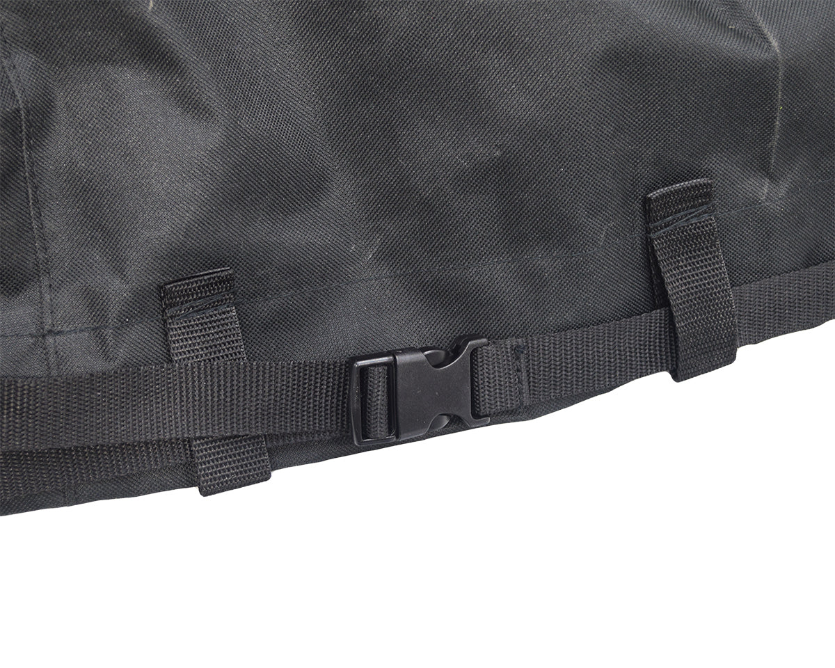 Heavy Duty Weatherproof Cover for Power Chairs, featuring a black bag with a black strap, durable 400-denier nylon with urethane backing, and a zipper for secure closure.